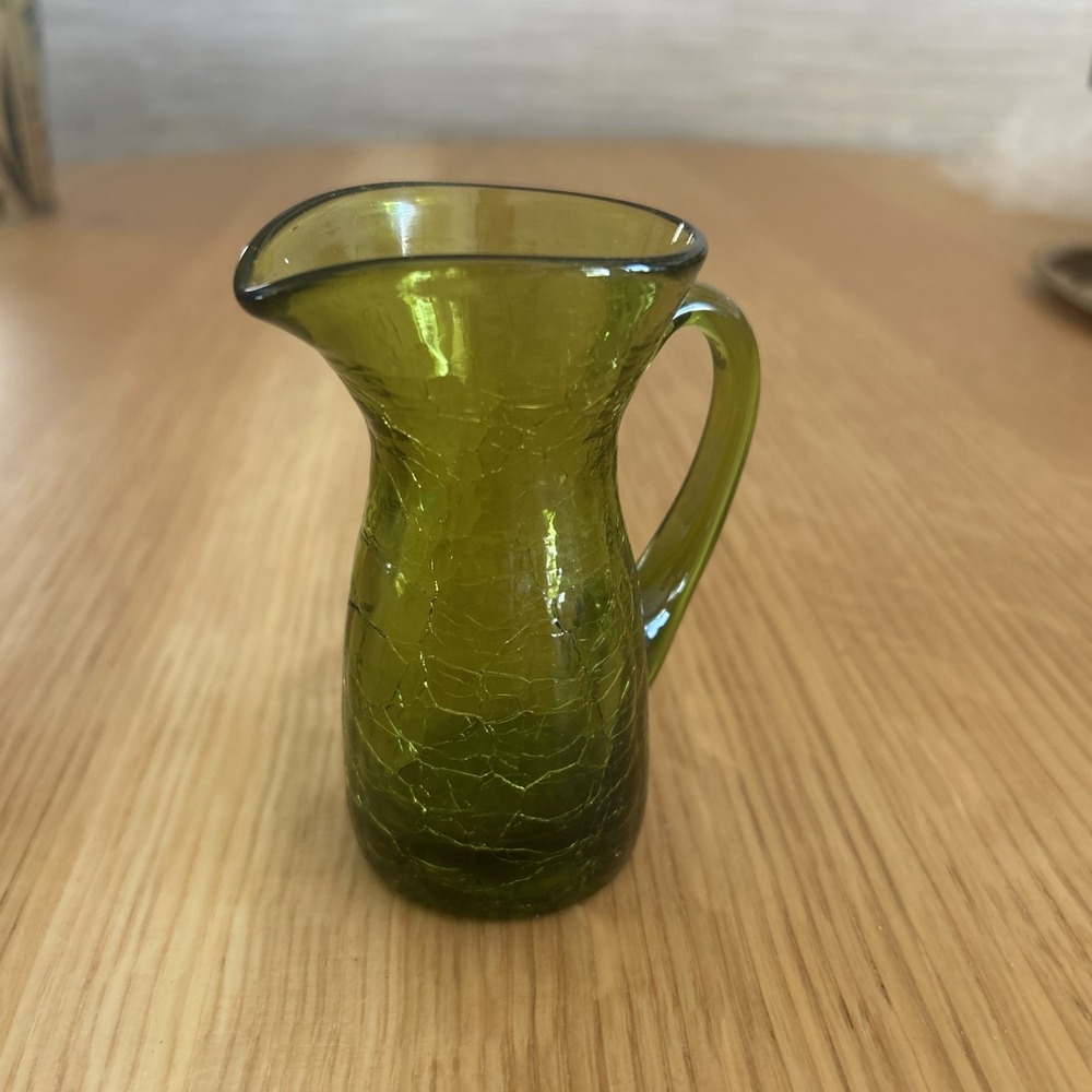 Vintage 3" Emerald Green Crackle Glass Small Pitcher